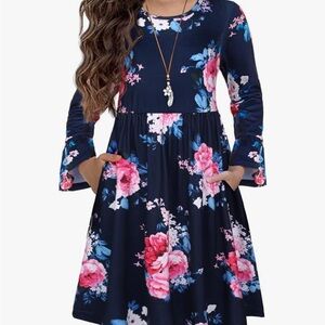 Arshiner Girls Floral Long-sleeve Dress  (with Pockets ☺️)